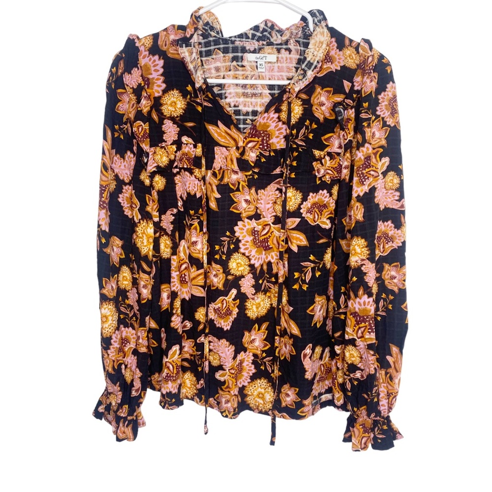 The Get black peasant top floral ruffle size XS